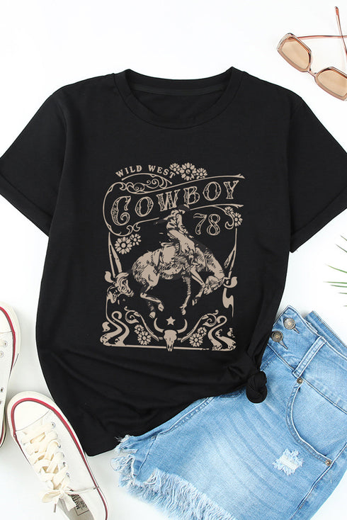 Black Cowboy 78 Letter Graphic Print Crew Neck T Shirt
